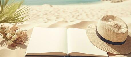 un' vuoto scrittura libro con estate spiaggia Accessori nel il sfondo, Perfetto per scrivere, è foto