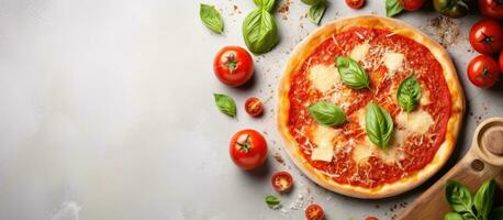 piatto con delizioso margherita Pizza e pomodoro salsa su un' leggero strutturato sfondo. foto