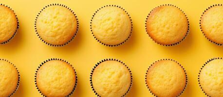 dall'alto al basso Visualizza di fatti in casa muffin su un' giallo sfondo con vuoto spazio in giro loro. foto
