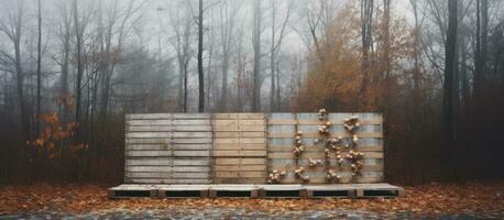 di legno pallet pendente contro il parete di un' magazzino nel un' campo, Il prossimo per un' foresta, su un' piovoso foto