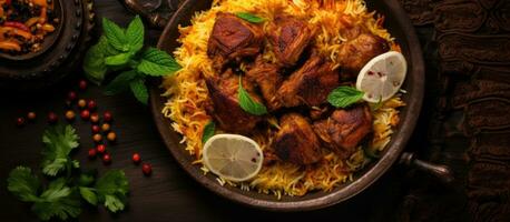 il mandi o kabsa tandoor piatto è un' riso piatto con carne e spezie. esso è visto a partire dal un' superiore Visualizza foto