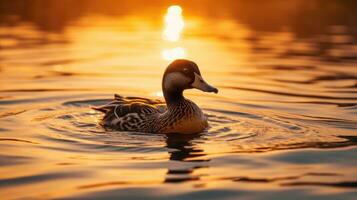 alto qualità foto di un' anatra S silhouette nel acqua durante tramonto