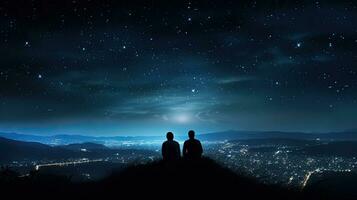 Due uomini abbraccio su un' collina guardando a il stellato città cielo foto