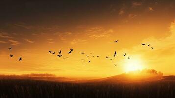 silhouette attraversare e uccelli volante nel autunno Alba prato sfondo di Grazie dando concetto foto