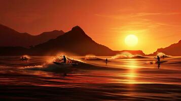 surfers attraente onde nel tenerife a tramonto foto