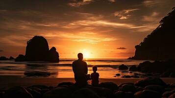 un' padre e figlio legato a tramonto su un' bali spiaggia foto