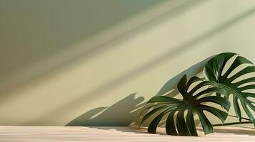 minimo estate concetto con Monstera palma foglia e ombra su un' bianca tavolo contro un' beige parete sfondo foto