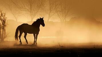 nero di seppia tonica nebbioso Alba con cavallo silhouette foto