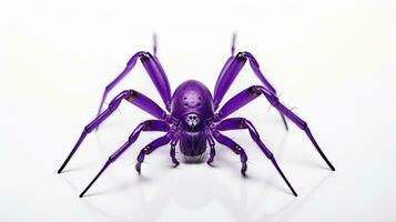 vicino su macro tiro di un' blu viola ragno con lungo gambe dando un' orrore vibrazione isolato su un' bianca sfondo foto
