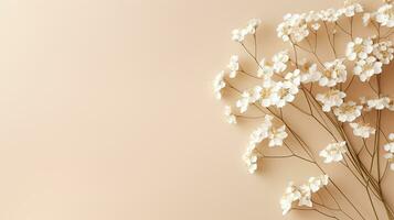 piatto beige gypsophila fiore modello per testo Messaggio minimalista orizzontale lungo sfondo foto
