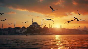 gabbiani volante al di sopra di il bosphorus a tramonto nel Istanbul tacchino foto