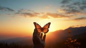 mano nel un' meditazione posizione e farfalla tramonto nel il montagne mostrato nel un' vicino su tiro foto