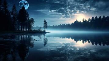 mistico notte scena con pieno Luna riflettendo su il nebbioso fiume e ancora acqua foto