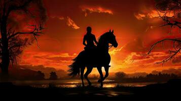 silhouette di un' cavallo ciclista durante tramonto foto