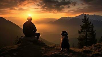 persona e cane Guardando il tramonto nel il montagne foto