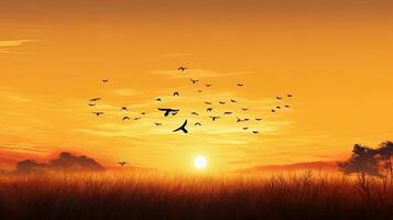 silhouette attraversare e uccelli volante nel autunno Alba prato sfondo di Grazie dando concetto foto