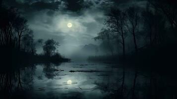 mistico notte scena con pieno Luna riflettendo su il nebbioso fiume e ancora acqua foto