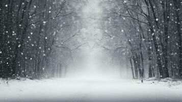 alto qualità foto di un' nevoso strada Visualizza attraverso un vecchio foresta con nero albero sagome e un' bianca neve sfondo nel inverno