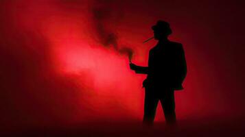 un' uomo con un' rosso Fumo bastone catturato nel silhouette foto