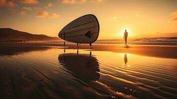 spiaggia tavola da surf silhouette con riflessione foto