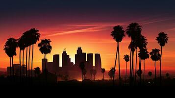 tramonto silhouette di los angeles centro il rinomato città di California foto