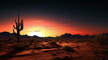 illuminato dalla luna silhouette di un' saguaro cactus nel il deserto paesaggio foto