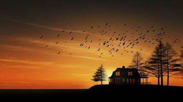 alberi e casa schema con uccelli nel tramonto cielo la creazione di un' tranquillo, calmo natura atmosfera foto