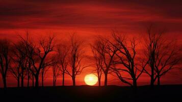 ardente rosso tramonto dietro a nudo autunno alberi foto