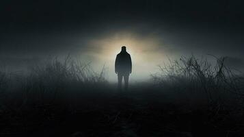 misterioso figura in piedi nel nebbioso paesaggio foto