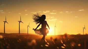 bambino ragazza con vento giocattolo in esecuzione su prato a tramonto sua silhouette foto