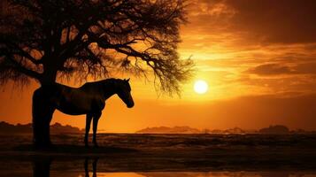 un' cavallo silhouette pascolo a Alba con un' vivace fondale foto