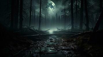 misterioso foresta con un' illuminato dalla luna sentiero nebbia e un' Halloween fondale suggerimento foto