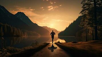 uomo jogging accanto il lago foto