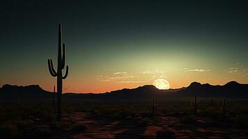 illuminato dalla luna silhouette di un' saguaro cactus nel il deserto paesaggio foto