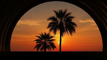 silhouette di un' palma albero contro il tramonto con un' cupola foto