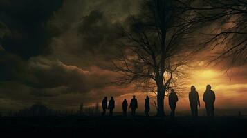 spaventoso scena persone S sagome di spoglio alberi sotto buio nuvole foto