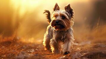 yorkshire terrier a piedi durante tramonto sfocato e colorato immagine 2018 è il anno di il cane nel il Cinese lunare zodiaco calendario foto