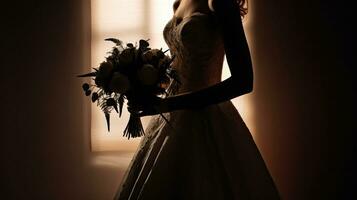 sposa trasporta bridal mazzo e indossa nozze abbigliamento con Accompagnando decorazioni foto