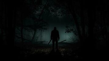 buio foresta a notte con misterioso silhouette e coltello foto