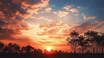 rurale Tailandia S sera fondale Caratteristiche un' sbalorditivo tramonto cielo albero silhouette foto