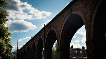 camino cime sotto ferrovia ponte archi su le case sotto il rosso mattone treno archi staglia su un' soleggiato giorno nel mansfield cittadina nottinghamshire foto