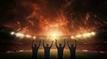 calcio fan ombre contro un' illuminato stadio fondale foto