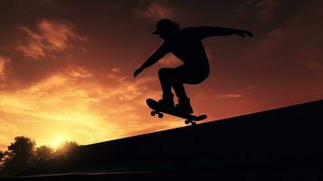 Skate park silhouette di un' salto skateboarder foto