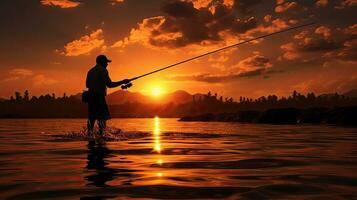 uomo pesca a tramonto delineato contro il cielo foto