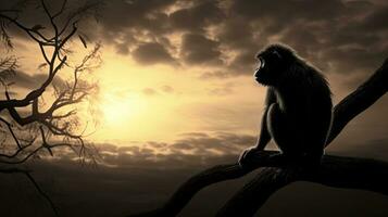 nero e bianca silhouette di un' scimmia a tramonto foto
