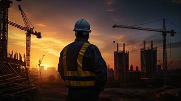 ingegnere con giallo casco assicura lavoratore sicurezza in mezzo nuovo highrise costruzione e gru contro un sera tramonto fondale foto