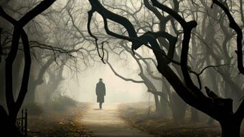 un' uomo nel un' grigio cappotto e cappello passeggiate nel un' magico giardino un autunno parco con sterile alberi nebbia solitudine e nebbia circondare lui strano capriccioso rami foto