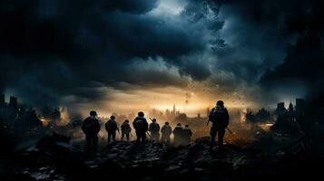 guerra scena con silhouette soldati combattente nel un' rovinato città sotto un' nuvoloso cielo foto