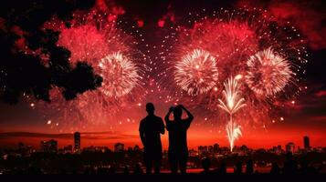 persone cattura cuore sagomato fuochi d'artificio durante un' luglio 4 ° celebrazione nel boston mamma foto