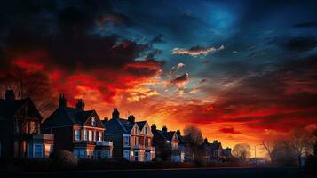 staglia alberi e le case nel un inglese cittadina a tramonto con un' blu e arancia cielo foto